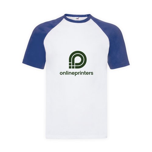 T-shirt blanc/bleu en coton avec manches raglan courtes.