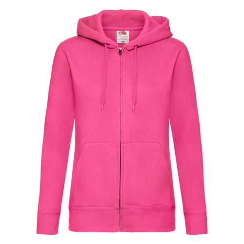 Veste  capuche rose pour femmes en mlange de coton avec fermeture clair intgrale et poche kangourou.