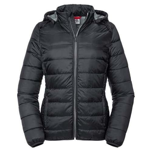 Veste matelasse noire en polyester pour femmes avec capuche.