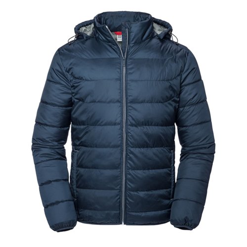 Veste matelasse bleu marine en polyester avec capuche pour homme.