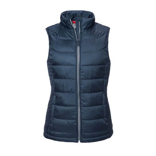 Veste matelasse bleu marine en polyester pour femmes avec fermeture clair complte.