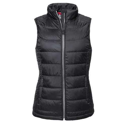 Gilet matelass noir en polyester pour femmes avec fermeture clair intgrale.