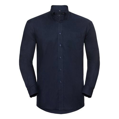 Chemise homme bleu marine en coton-polyester avec patte boutonne.