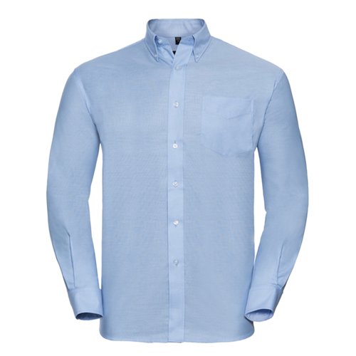 Chemise bleu en coton-polyester avec manches longues et patte de boutonnage.