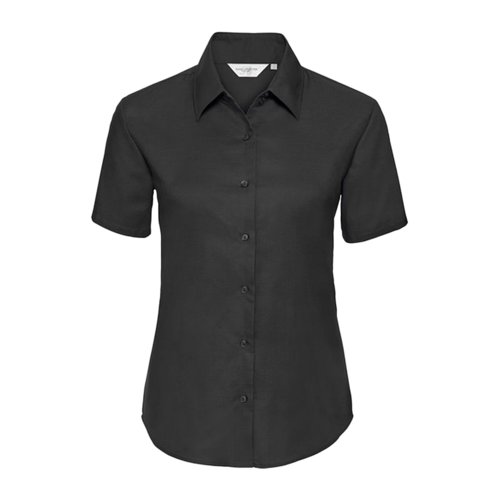 Blouse noire en mlange de coton avec manches courtes et patte boutonne.