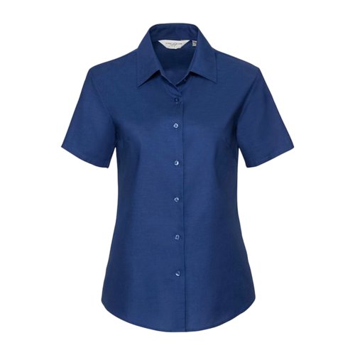 Blouse bleue en mlange de coton  manches courtes et patte boutonne.