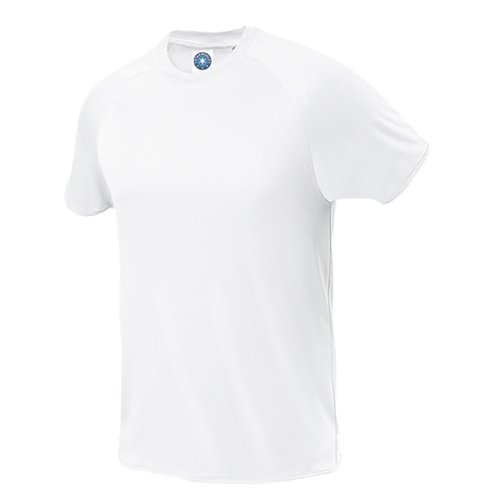 T-shirt blanc en polyester avec manches courtes.