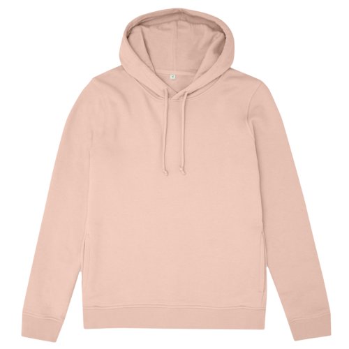 Sweat  capuche rose clair en coton bio et polyester recycl, avec capuche et cordon de serrage.