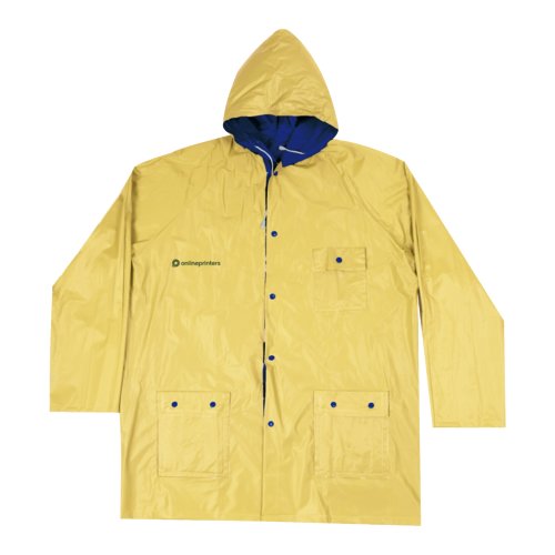 Veste de pluie rversible jaune/bleue en matriau hydrofuge avec capuche et poches.