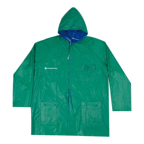 Veste de pluie synthtique bleu-vert, rversible avec capuche et poches.