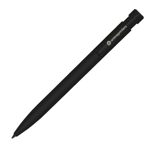 Stylo  bille noir en plastique avec mcanisme  bouton-poussoir et surface douce.