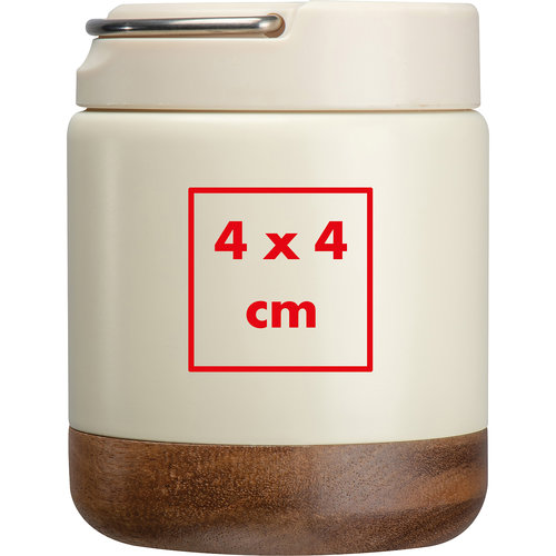Bote  repas beige en mtal avec base en bois et poigne.