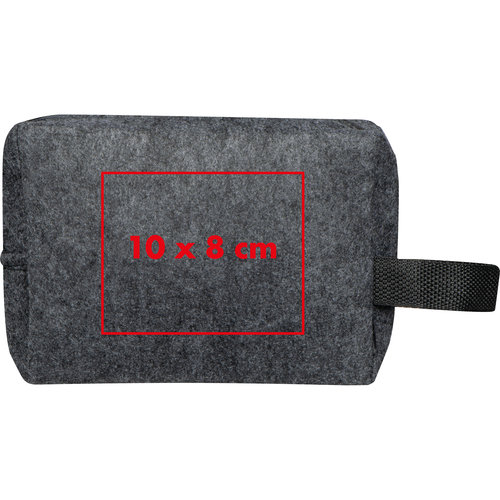 Trousse de toilette grise en feutre avec fermeture clair et boucle de transport.
