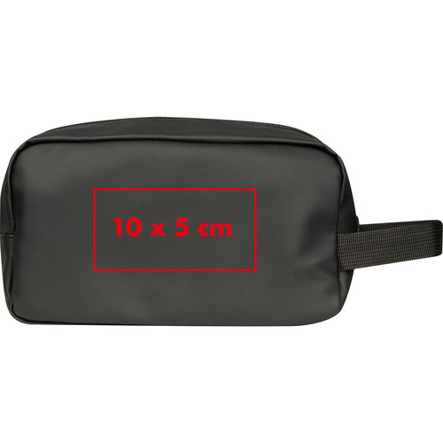 Trousse de toilette noire en matriau robuste avec fermeture clair et poigne de transport.