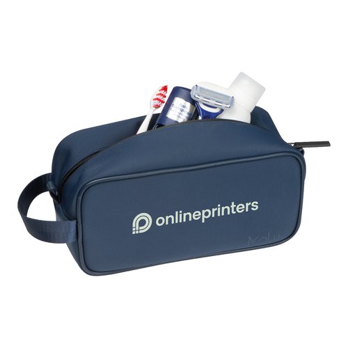 Trousse de toilette bleu fonc avec fermeture clair et poigne de transport.