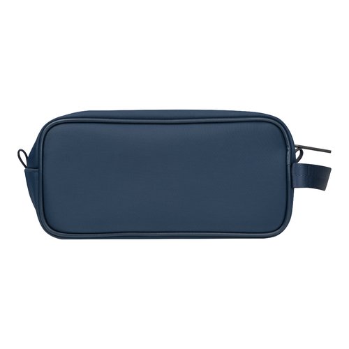 Trousse de toilette en tissu bleu fonc avec fermeture clair.