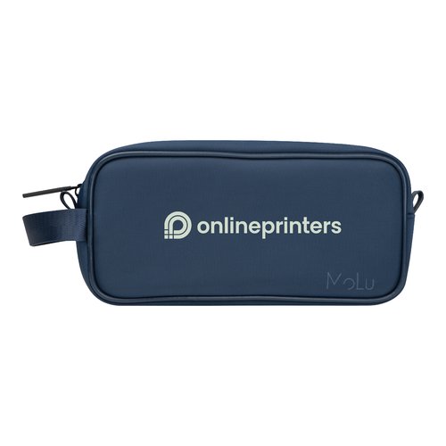 Trousse de toilette bleue avec fermeture clair et boucle de transport.