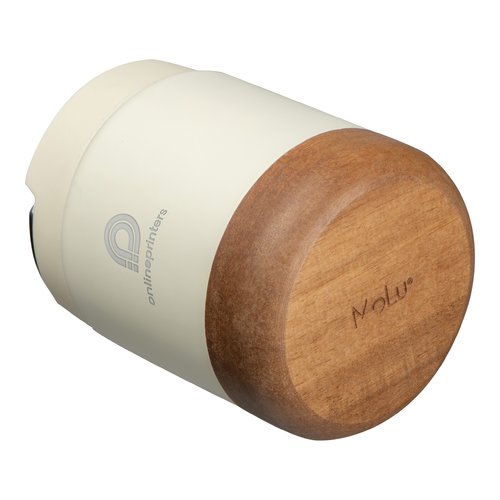 R�cipient alimentaire blanc en acier inoxydable avec d�tails en bois.