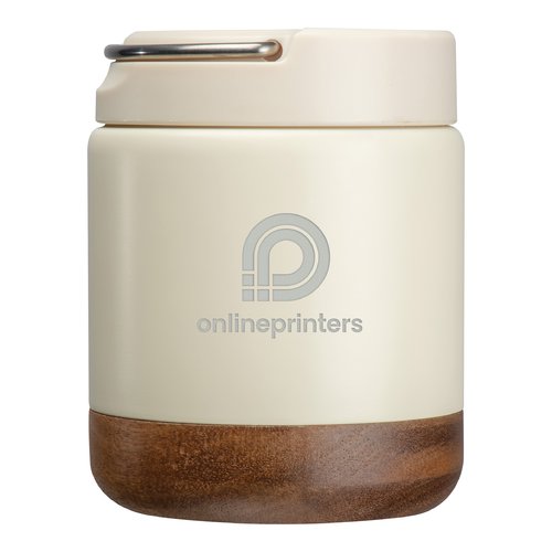 Rcipient alimentaire beige en acier inoxydable avec base en bois et poigne de transport.