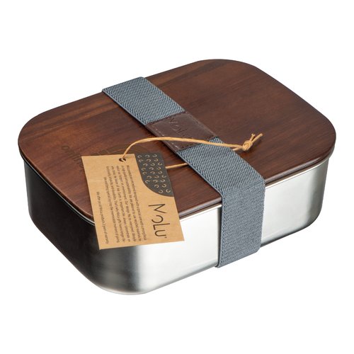 Bote  lunch gris argent en mtal et bois avec sangle de fermeture.