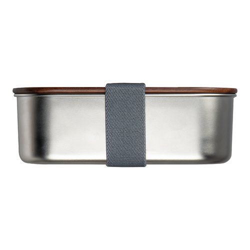 Bote  lunch en mtal gris argent avec couvercle en bois et lastique.
