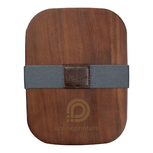 Bote  djeuner en bois marron avec bande lastique.
