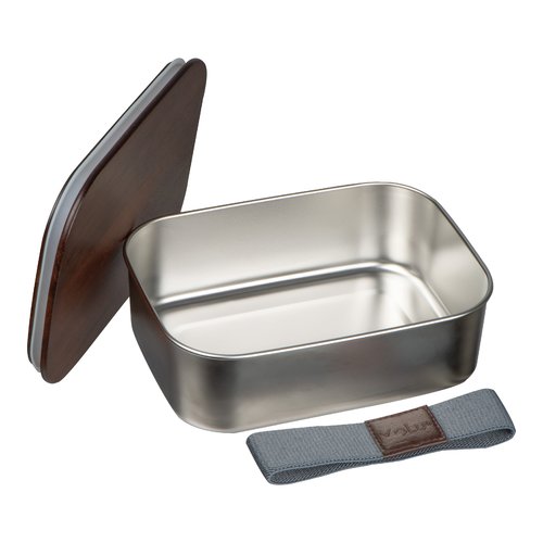 Bo�te � d�jeuner en m�tal gris argent� avec couvercle en bois et �lastique.