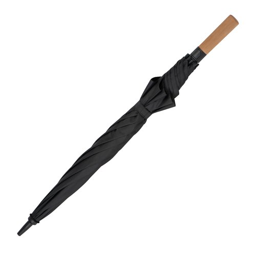 Parapluie noir avec manche en bois et housse.