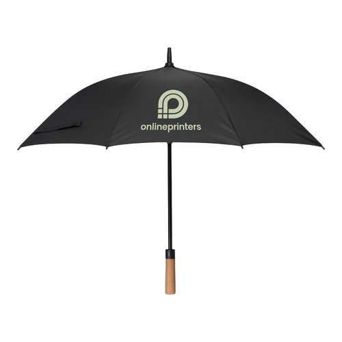 Parapluie noir avec poigne en bois et housse.