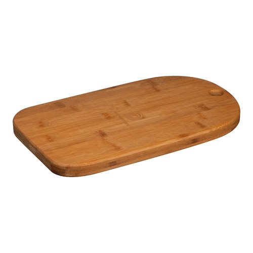 Planche  dcouper en bambou marron avec boucle de suspension.