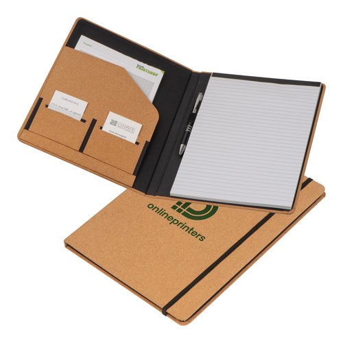 Chemise d'criture beige en lige avec boucle pour stylo, bloc-notes et diverses poches.