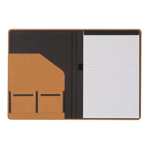 Bloc-notes beige avec pochettes et bloc-notes.