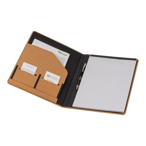 Confrencier beige en lige avec passant pour stylo, bloc-notes et fentes pour cartes de visite.