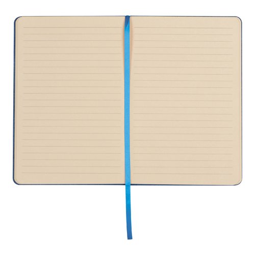 Carnet bleu avec pages lignes et marque-page ruban.
