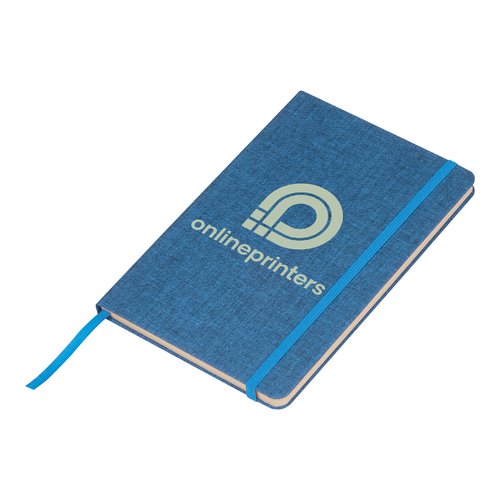 Carnet bleu avec couverture rigide, lastique et marque-page.