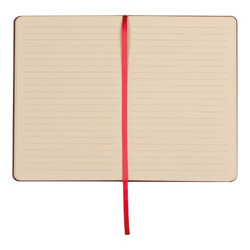 Carnet rouge avec ruban marque-page et pages lignes.