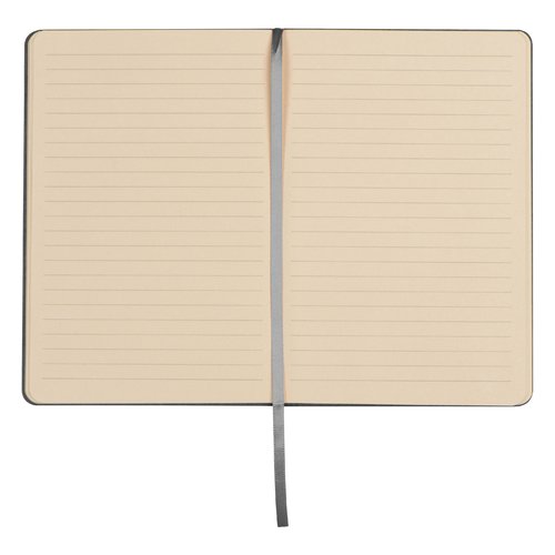 Carnet gris argent avec couverture rigide et marque-page.
