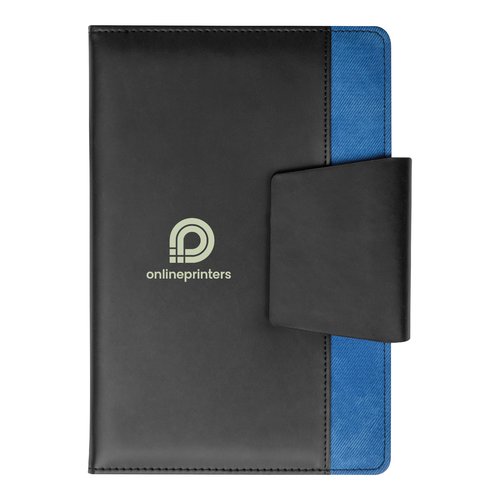Carnet bleu avec rabat de fermeture.