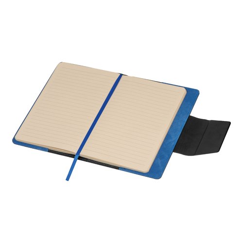 Carnet bleu avec pages lignes et marque-page.