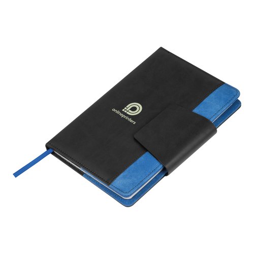 Carnet bleu avec sangle de fermeture et marque-page.