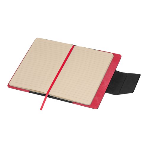 Carnet rouge avec pages lignes et marque-page ruban.