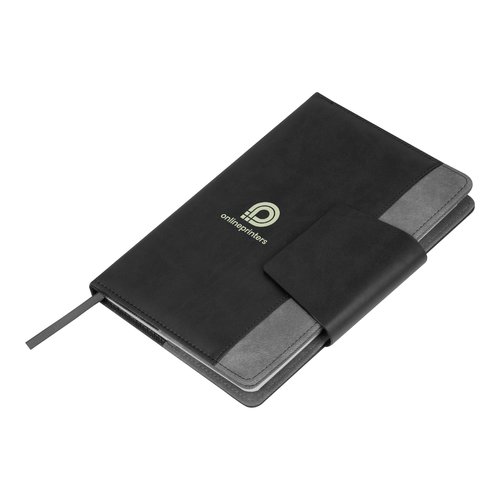 Carnet anthracite avec patte de fermeture et marque-page.