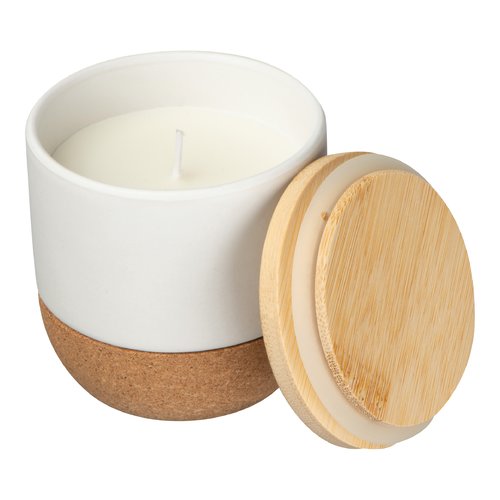 Bougie blanche avec base en lige et couvercle en bois.