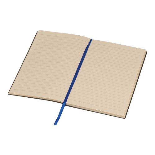 Carnet bleu avec pages lignes et marque-page ruban.