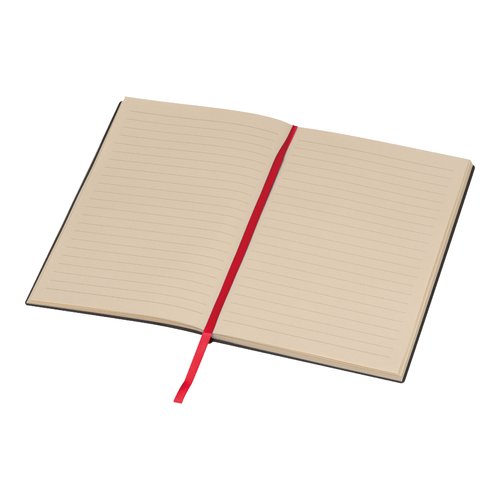 Carnet rouge avec couverture rigide et marque-page.