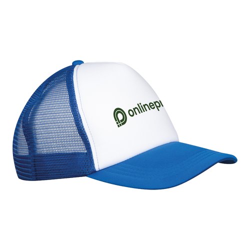Casquette de camionneur bleue en polyester avec insert en maille.