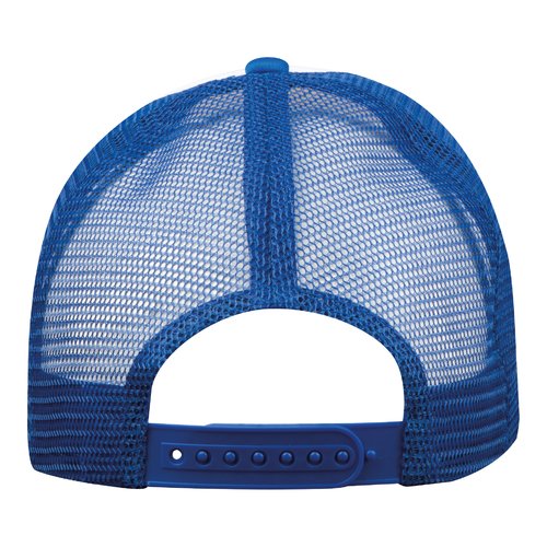 Casquette de camionneur bleue en tissu avec maille et fermeture rglable.