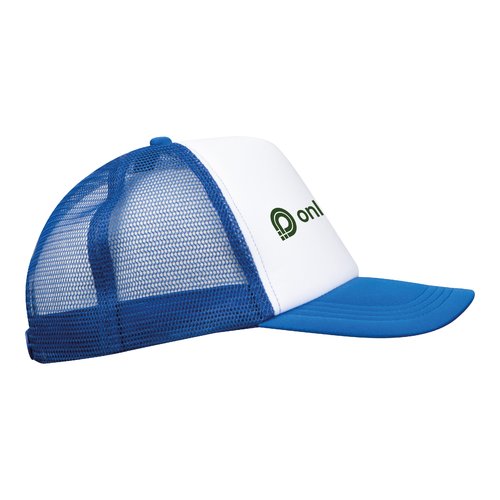 Casquette de camionneur bleue avec filet et fermeture rglable.