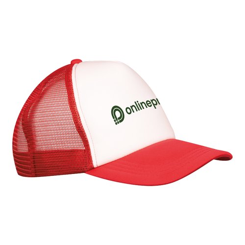 Casquette de camionneur rouge en polyester avec maille et fermeture rglable.
