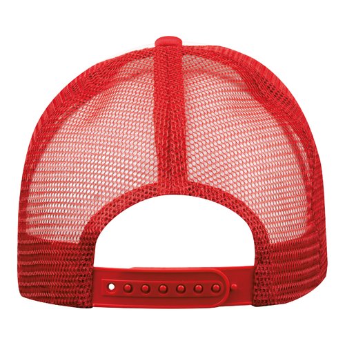 Casquette de camionneur rouge en polyester avec maille et fermeture rglable.